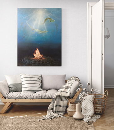 “As above, so below”, surrealist fantasy painting depicting crocodiles circling above a campfire. The fire is underwater and sunbeams can be seen breaking the water surface above, 