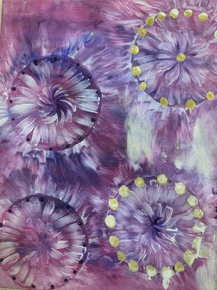 Gestural lines and painterly textures on a pink and purple background with circles 