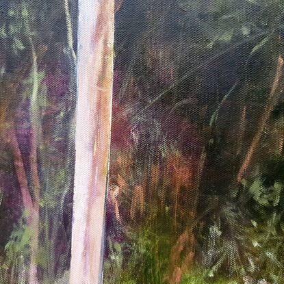 Large rectangular oil painting of green forest with white and caramel tree trunks in foreground with interesting textures. By Australian artist Victoria Collins.