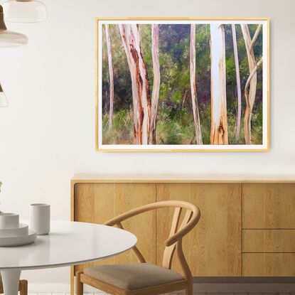 Large rectangular oil painting of green forest with white and caramel tree trunks in foreground with interesting textures. By Australian artist Victoria Collins.