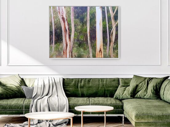 Large rectangular oil painting of green forest with white and caramel tree trunks in foreground with interesting textures. By Australian artist Victoria Collins.