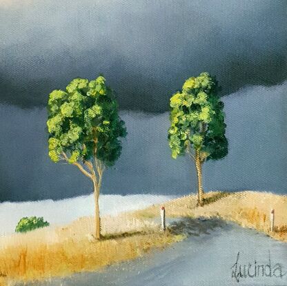 Australian landcape with soft pink tinged clouds, road and shadows, framed, small, Lucinda Leveille, original art