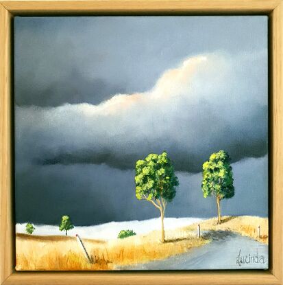 Australian landcape with soft pink tinged clouds, road and shadows, framed, small, Lucinda Leveille, original art