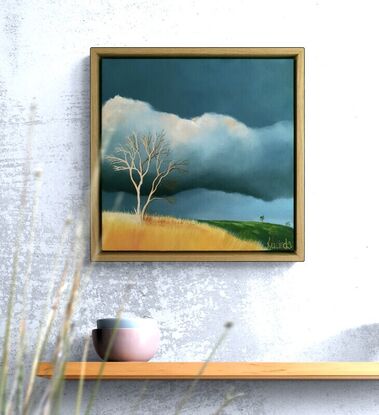 Australian landcape with soft pink tinged clouds,  shadows, framed, small, tree, Lucinda Leveille, original art