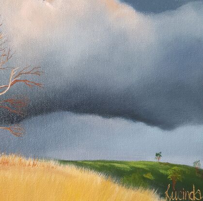 Australian landcape with soft pink tinged clouds,  shadows, framed, small, tree, Lucinda Leveille, original art