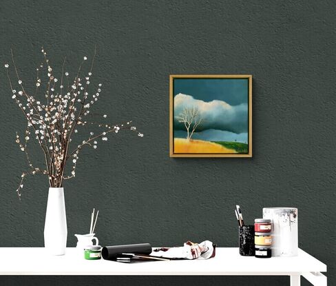 Australian landcape with soft pink tinged clouds,  shadows, framed, small, tree, Lucinda Leveille, original art