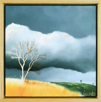 Australian landcape with soft pink tinged clouds,  shadows, framed, small, tree, Lucinda Leveille, original art