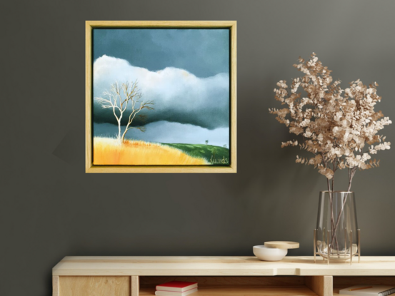 Australian landcape with soft pink tinged clouds,  shadows, framed, small, tree, Lucinda Leveille, original art