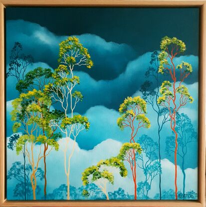 Australian landcape with vibrant green gum trees, teal skies and clouds