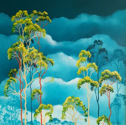 Australian landcape with vibrant green gum trees, teal skies and clouds