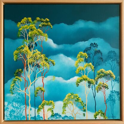 Australian landcape with vibrant green gum trees, teal skies and clouds