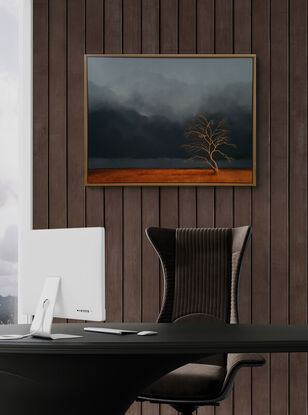 Australian landcape with  burnt orange grasses, deep blue grey cloudy sky and an old tree in the foreground