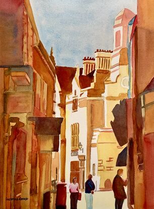 artwork showing a street leading onto a sunny square

