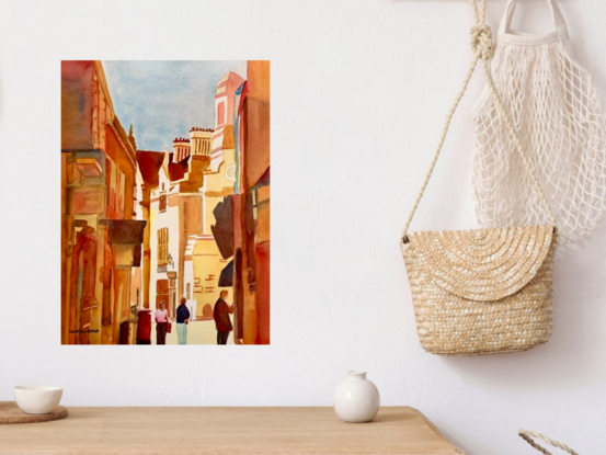 artwork showing a street leading onto a sunny square

