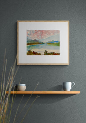 artwork showing a landscape vista with distant fells and a mirror lake reflection


