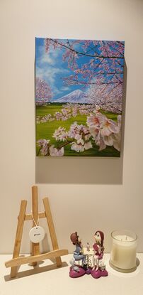 Blossoming Sakura branches and a volcano in the background, Japan. 