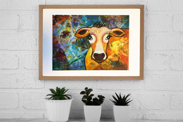 I love Jersey cows and their beautiful eye lashes. I love to express colour and vibrancy into my work. 
This combination POPS on the page and fills the room with fun and colour.