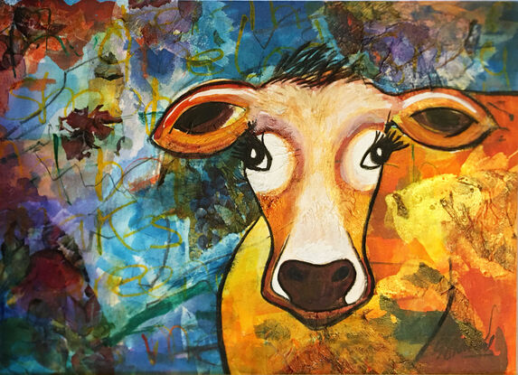 I love Jersey cows and their beautiful eye lashes. I love to express colour and vibrancy into my work. 
This combination POPS on the page and fills the room with fun and colour.