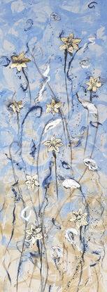 An abstract of  daffodil flowers and leaves in gold, blue, silver leaf and beige