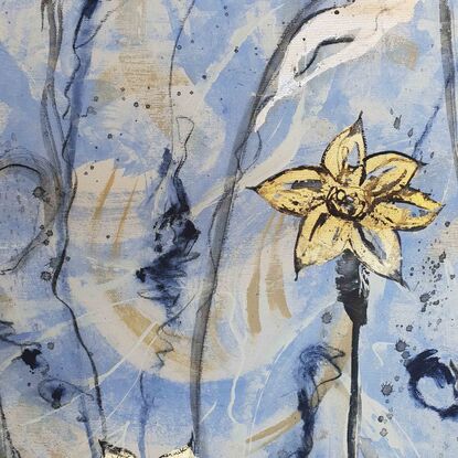 An abstract of  daffodil flowers and leaves in gold, blue, silver leaf and beige