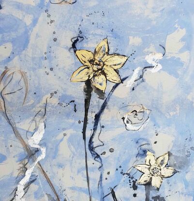 An abstract of  daffodil flowers and leaves in gold, blue, silver leaf and beige