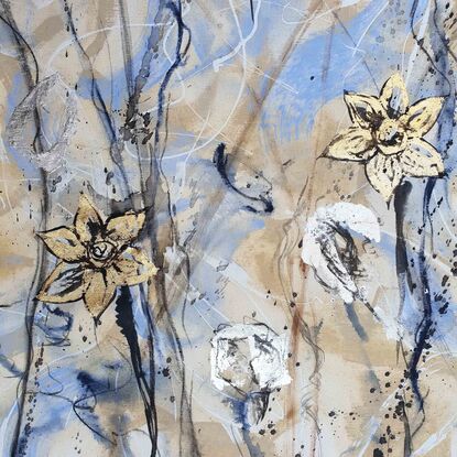 An abstract of  daffodil flowers and leaves in gold, blue, silver leaf and beige