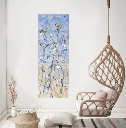 An abstract of  daffodil flowers and leaves in gold, blue, silver leaf and beige