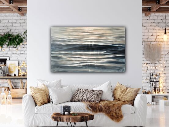 Large realistic painting of ocean waves at sunset