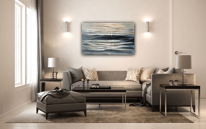 Large realistic painting of ocean waves at sunset