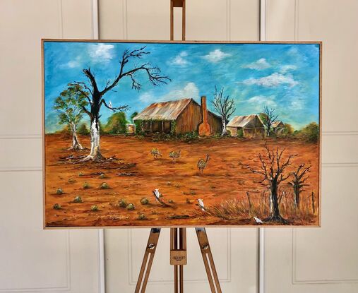 This acrylic framed painting features the rich ochre colours, and clear blue skies of the harsh Australian summer, only a few Emus and Cockatoos remain to survive  the sunburnt land