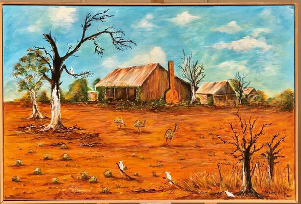 This acrylic framed painting features the rich ochre colours, and clear blue skies of the harsh Australian summer, only a few Emus and Cockatoos remain to survive  the sunburnt land