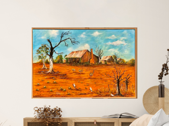 This acrylic framed painting features the rich ochre colours, and clear blue skies of the harsh Australian summer, only a few Emus and Cockatoos remain to survive  the sunburnt land