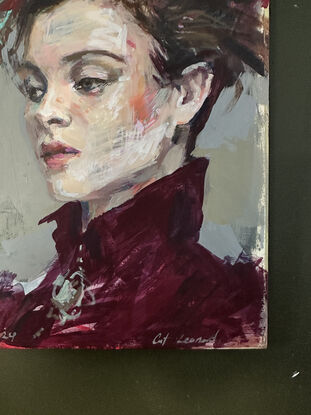 An original acrylic and mixed media painting of a woman, painted on vintage paper glued on board with chord fastened to the back.