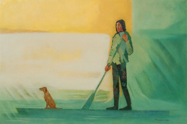 Man and a dog on a paddle board