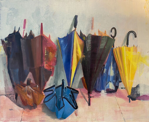 Around Thanksgiving I was leaving the unitarian church and saw these umbrellas outside the building. It reminded me of the different people making a community.

In the brushstrokes of this oil painting, I've captured the essence of a reflective moment on a rain-soaked day. The array of umbrellas, each with its unique hue and story, stands as a testament to shared human experiences. Through an interplay of light and shadow, realism blends with impressionism, inviting contemplation and a sense of solace. This piece will infuse any space with a serene and thoughtful ambiance.