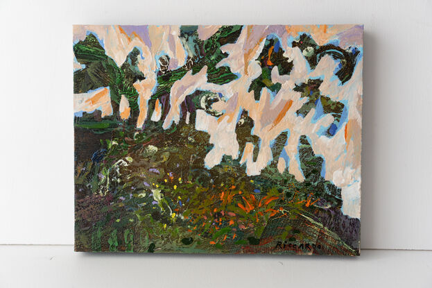 Twilight is inspired by my evening walks at Queens Park in Moonee Ponds. I love how the trees are silhouetted against the sunset sky. In this piece you can see Angels gathering over the landscape.