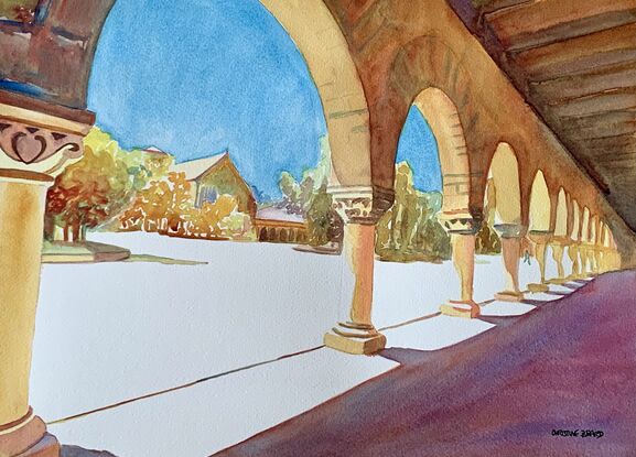 artwork showing the main quad arches at Stamford University

