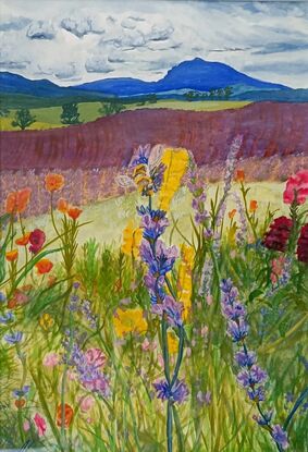 The focal point of the painting is a lavender stem on top of which a bee sits. This is surrounded by more lavender and other flowers which appear to grow in a lush wildflower arrangement. In the background is first a patch of light grass, then two lavender fields. The colours grow darker as they recede. Behind the fields are more grassy hills spotted with trees, and finally some blue mountains deep in the distance. A cloudy sky sits above it all.