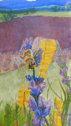 The focal point of the painting is a lavender stem on top of which a bee sits. This is surrounded by more lavender and other flowers which appear to grow in a lush wildflower arrangement. In the background is first a patch of light grass, then two lavender fields. The colours grow darker as they recede. Behind the fields are more grassy hills spotted with trees, and finally some blue mountains deep in the distance. A cloudy sky sits above it all.