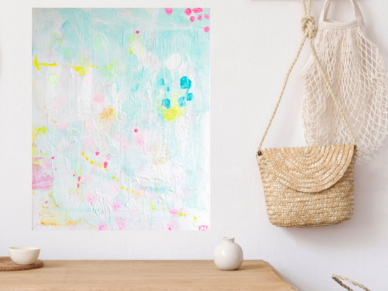 ocean themed soft blue textured painting with subtle pinks and yellows softly featured