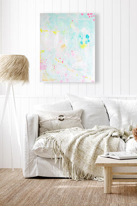 ocean themed soft blue textured painting with subtle pinks and yellows softly featured