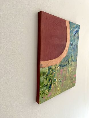 An expressive piece creating a relaxed beach lifestyle. Leaving exposed a small section of the stained wood  - as well as the sides,  to create a feeling of a wooden beach house or wooden long board - and to represent the sun. Then laying down thick Strokes of paints inspired by a sunset surf. 