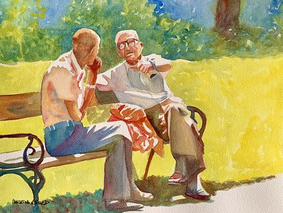 artwork showing two men talking on a bench in the sunshine

