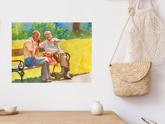 artwork showing two men talking on a bench in the sunshine

