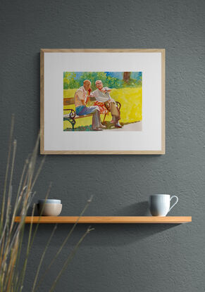 artwork showing two men talking on a bench in the sunshine

