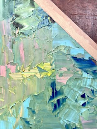 Abstract oil on wood, depicting the ocean. 