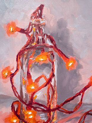 An oil painting of red LED string lights or fairy lights wrapped around and placed inside a glass bottle. The painting in mostly red, and blue and purple grey tones.  The red light from the fairy lights reflects through the glass of the bottle creating interesting patterns.  There are visible brush strokes with thick textured paint. 