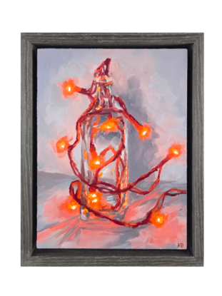 An oil painting of red LED string lights or fairy lights wrapped around and placed inside a glass bottle. The painting in mostly red, and blue and purple grey tones.  The red light from the fairy lights reflects through the glass of the bottle creating interesting patterns.  There are visible brush strokes with thick textured paint. 