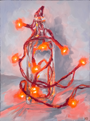 An oil painting of red LED string lights or fairy lights wrapped around and placed inside a glass bottle. The painting in mostly red, and blue and purple grey tones.  The red light from the fairy lights reflects through the glass of the bottle creating interesting patterns.  There are visible brush strokes with thick textured paint. 