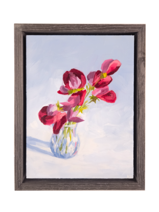 An oil painting of purple, pink, and red sweetpea flowers in a glass scotch thistle vase. The background has a soft gradient of white and light blue. There are visible brush strokes and texture. 